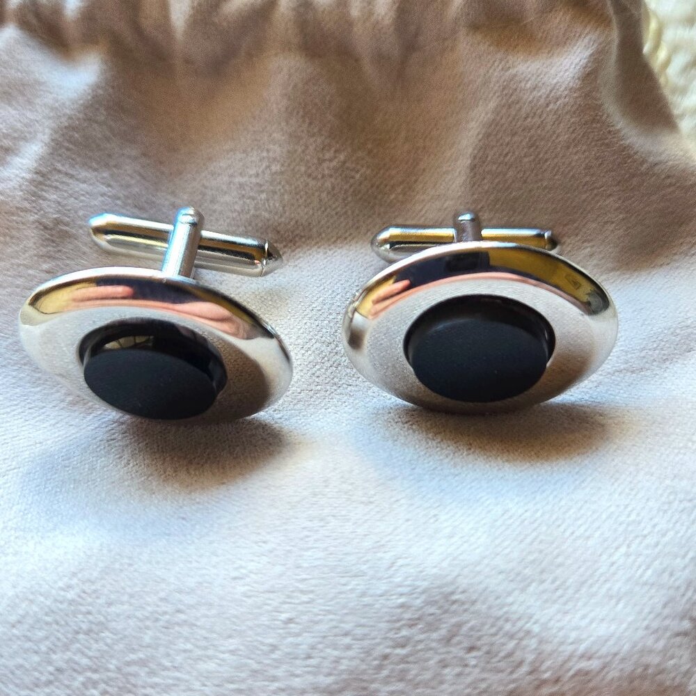 Vintage Silver tone Metal Cufflinks with black stone or resin